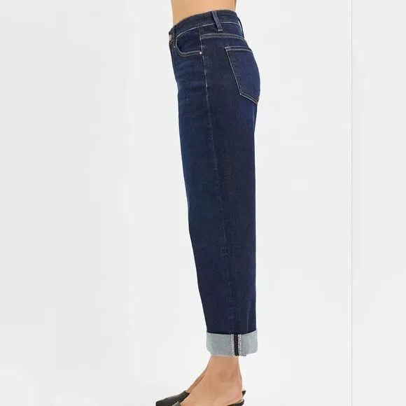 RISEN USA Mid Rise Fit Ankle Wide Leg Roll Up Women'sDark Blue Jeans sz 11 [30